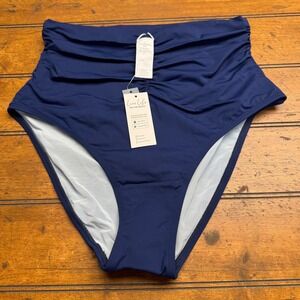 CUPSHE Slim Sculpt High Waisted Ruched Bikini Bottoms Navy Blue Size L